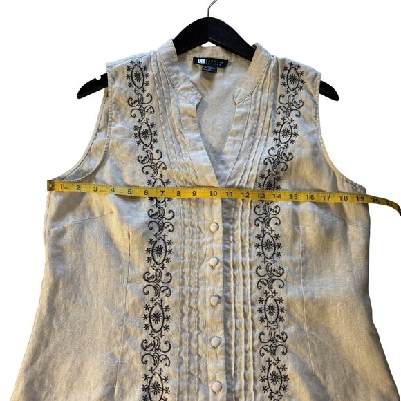 Vintage Carole Little XL Linen Sleeveless Button Front Blouse Black Embroidery - Picture 5 of 9